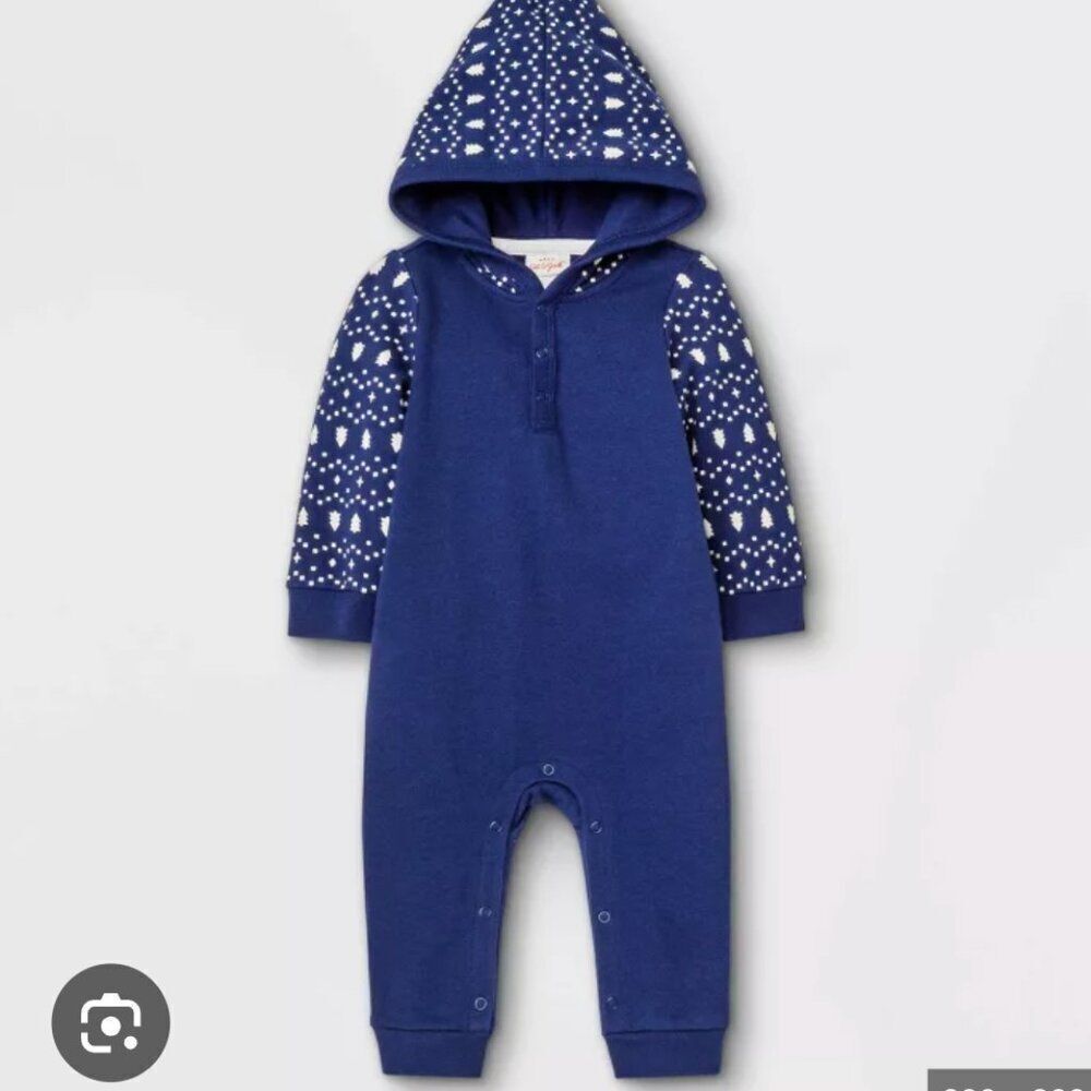 Cat & Jack Navy Faire Isle hooded pom pom one-piece jumpsuit NWT 3-6 months